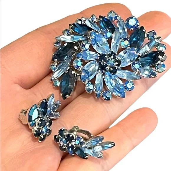 sherman Jewelry Vintage 95s Blue Ab Crystal Sherman Brooch
